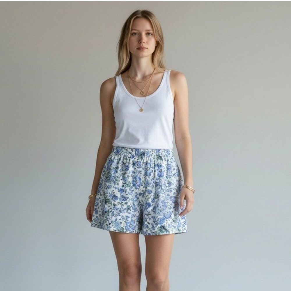 Vintage Victorias Secret Gold Label Floral Pajama Shorts Cotton Blue White L